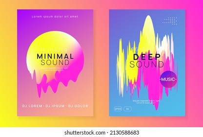 Musikposter. Wave Dance Event. Neon und Karneval Vorlage. Geometrisches Muster für die Darstellungsform. Trendkultur für Broschüren. rosafarbene und gelbe Musikplakette