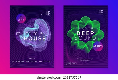 Music poster. Wavy show brochure set. Dynamic fluid shape and line. Neon music poster. Electro dance dj. Electronic sound fest. Club event flyer. Techno trance party.