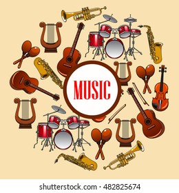 Music poster with wind and strings musical instruments. Musical placard with detailed icons of saxophone, piano, harp, drums, maracas, guitar, violin, trumpet