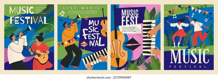 Music posters. Dancing people. Musicians with guitars and trumpets. June festival. Musical concert. Abstract nature art. Summer party banners design. Spring flowers. Vector holiday invitations set