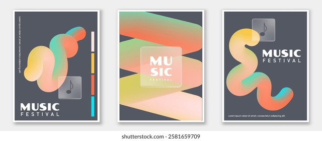 Music posters set. Abstract gradient patterns and ornaments. Green and red soundwaves. Template for advertising flyers and booklets. Flat vector collection isolated on white background