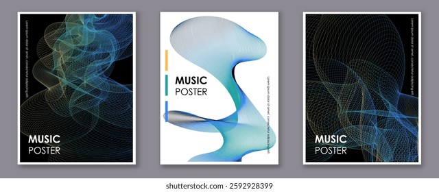 Music posters set. Colorful gradients soundwaves. Minimalistic futuristic banners. Electronic music festival. Booklets and leaflets. Flat vector collection isolated on grey background