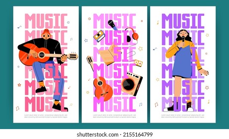 Music posters with singer and musician girls with guitar. Vector vertical banners with flat illustration of women artists with microphone and instrument perform on concert, show or festival