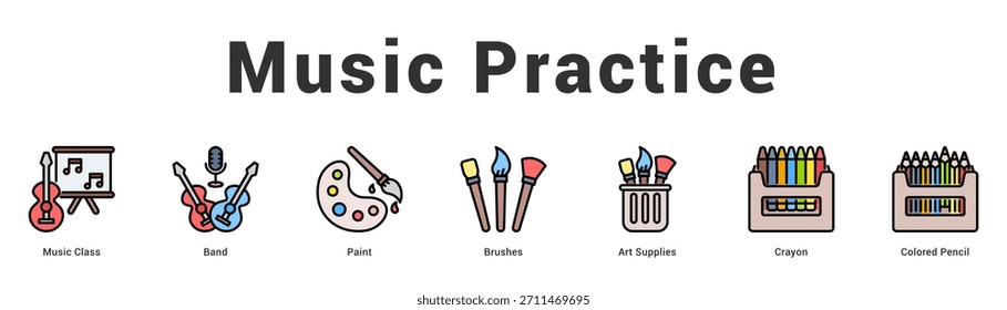 Práctica musical Ilustración de Anuncio de Web moderno y limpio con íconos temáticos para la comunicación visual