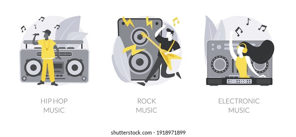 Music Preference Abstract Concept Vector Illustration Set. Hip-hop Music, Rock And Electronic, Night Club Party, Outdoor Festival, Rave Culture, DJ Set, Performance Online Abstract Metaphor.