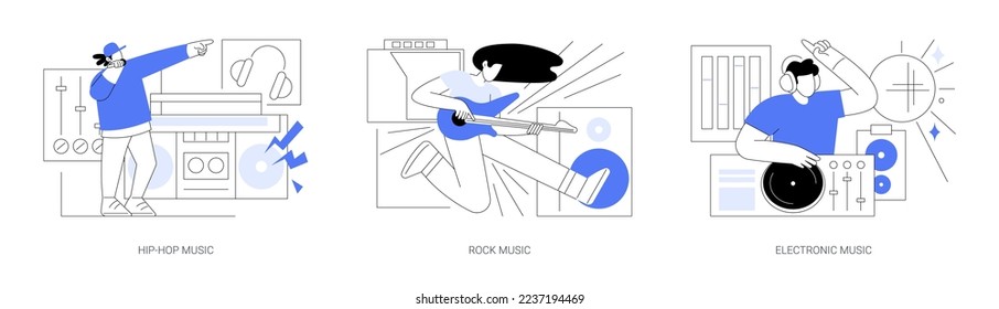 Music preference abstract concept vector illustration set. Hip-hop music, rock and electronic, night club party, outdoor festival, rave culture, DJ set, performance online abstract metaphor.