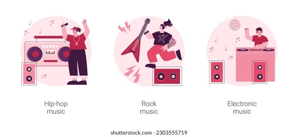 Music preference abstract concept vector illustration set. Hip-hop music, rock and electronic, night club party, outdoor festival, rave culture, DJ set, performance online abstract metaphor.