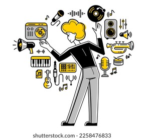 Music producer composing new track vector outline illustration, sound engineer doing his job in recording studio, composer creating audio mix.