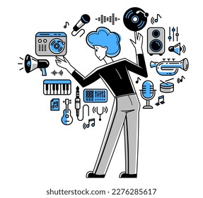 Music producer composing new track vector outline illustration, sound engineer doing his job in recording studio, composer creating audio mix.