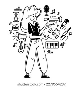 Music producer composing new track vector outline illustration, sound engineer doing his job in recording studio, composer creating audio mix.