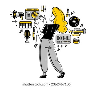 Music producer composing new track vector outline illustration, sound engineer doing his job in recording studio, composer creating audio mix.