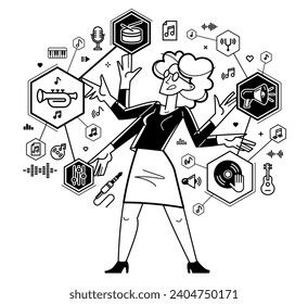 Music producer composing new track vector outline illustration, sound engineer doing his job in recording studio, composer creating audio mix.