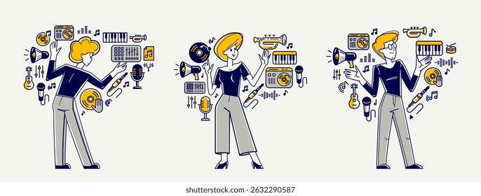 Music producer composing new track vector outline illustration set, sound engineer doing his job in recording studio, composer creating audio mix.