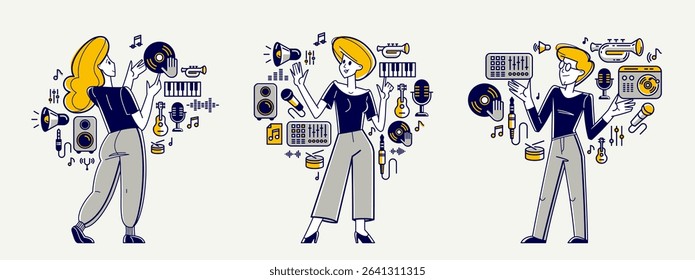 Music producer composing new track vector outline illustration set, sound engineer doing his job in recording studio, composer creating audio mix.