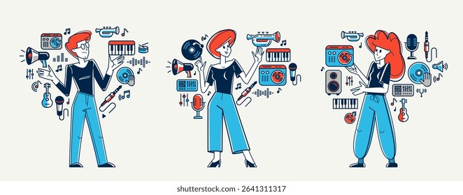 Music producer composing new track vector outline illustration set, sound engineer doing his job in recording studio, composer creating audio mix.