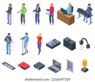 Music producer icons set isometric vector. Podcast laptop. Work analog