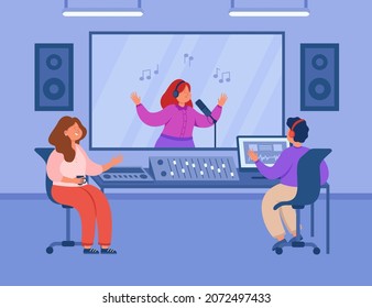 Music Producer At Mixing Desk Listening To Singer In Studio. Woman Recording Sound In Booth, Song Production Flat Vector Illustration. Music, Technology Concept For Banner Or Landing Web Page