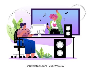 A music producer working on a song in a studio with a singer performing on a screen. The scene includes speakers, a monitor, and a creative workspace. Vector illustration