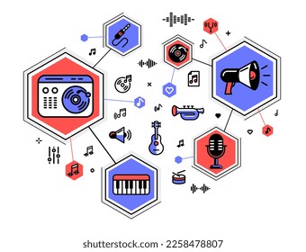 Music producing composing new track vector outline illustration, sound engineering in recording studio, composing creating audio mix.