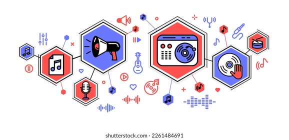 Producción de música compuesta de nueva ilustración de contorno vectorial de pista, ingeniería de sonido en estudio de grabación, componiendo la creación de mezcla de audio.