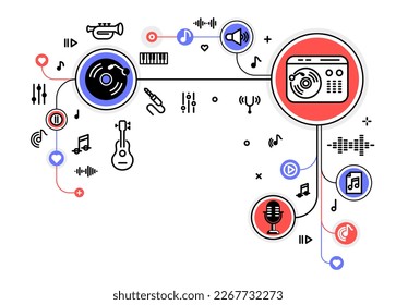 Producción de música compuesta de nueva ilustración de contorno vectorial de pista, ingeniería de sonido en estudio de grabación, componiendo la creación de mezcla de audio.