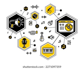 Producción de música compuesta de nueva ilustración de contorno vectorial de pista, ingeniería de sonido en estudio de grabación, componiendo la creación de mezcla de audio.