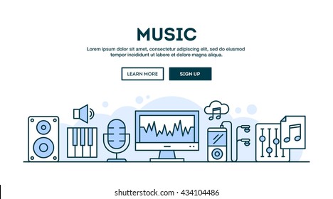 Music production, concept header, flat design thin line style, vector illustration