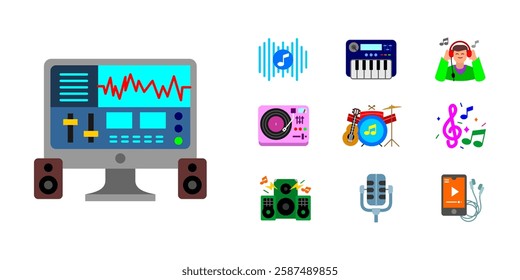 Music production icon set. Sound mixing studio and equalizer sign. DJ turntable and speakers symbol. Microphone, headphones, and keyboard pictogram. Drums, playlist, and music notes illustration.