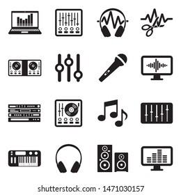 Music Production Icons. Black Flat Design. Vector Illustration.
