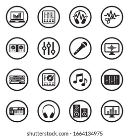 Music Production Icons. Black Flat Design In Circle. Vector Illustration.