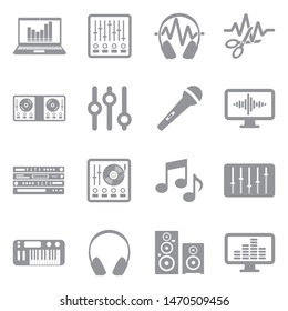 Music Production Icons. Gray Flat Design. Vector Illustration.