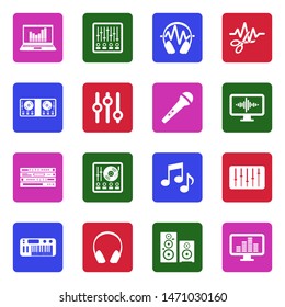 Music Production Icons. White Flat Design In Square. Vector Illustration.