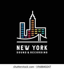 Music production. new york city vector label, badge, emblem logo with sound equalizer. stock vector illustration isolated on black background.