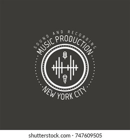 Music production. New york city vector label, badge, emblem logo with musical instrument. Stock vector illustration isolated on dark background.