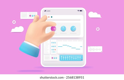 Music production on tablet device - Hand is making and creating midi tunes and sound in app on screen. Vector illustration