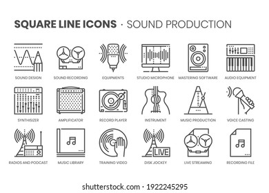 Music production related, pixel perfect, editable stroke, up scalable square line vector icon set. 