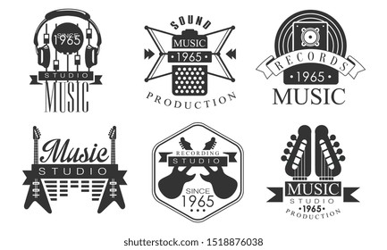 Music Production Retro Labels, Music Rrecording Monochrome Badges Vector Illustration