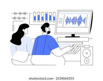 Music production software isolated cartoon vector illustrations. Professional audio engineers work with sound editing, music production process, modern IT technology vector cartoon.