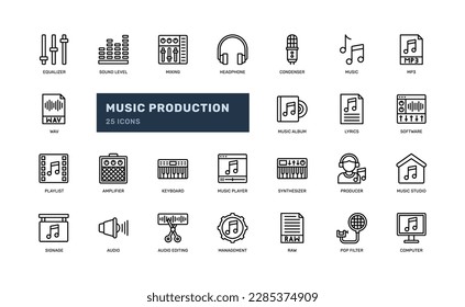 music production or sound engineer studio music making detailed outline line icon set