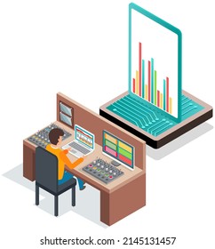 Music production studio room isometric interior with sound engineer and arrangement producer workplace equipped with control panel with computer and buttons, video recording engineer with equipment