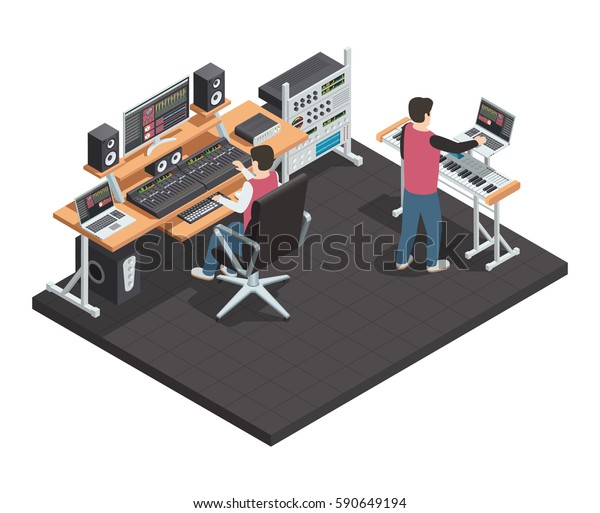 Music production studio room isometric\
interior with sound engineer and arrangement producer workplace\
equipped with gear vector\
illustration