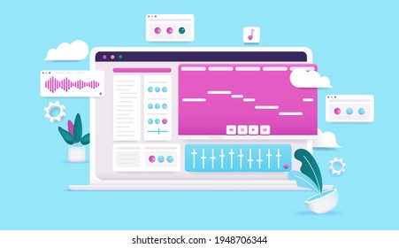 Music programming on computer - 3d vector illustration of laptop with audio creation software on screen, and user interface elements. Bright colourful illustration.