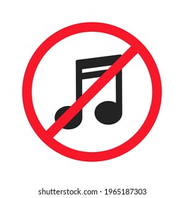 Se prohíbe la música vectorial de ilustración plana aislada en fondo blanco. Icono de nota musical en círculo rojo tachado. Advertencia, cantar o tocar instrumentos musicales sin resolver.