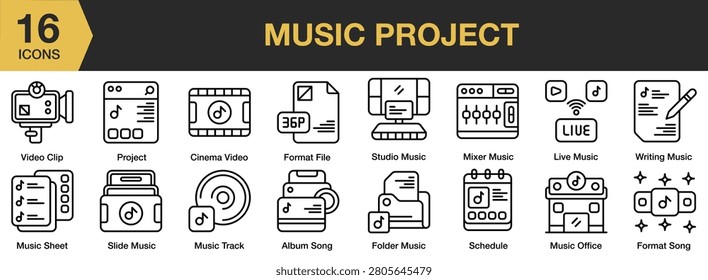 Music Project icon set. Includes songwriting, recording, instruments, audio editing, studio production and More. Outline icons vector collection.