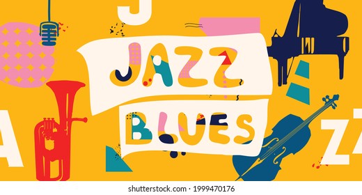 Music promotional banner with musical instruments colorful vector illustration. Violoncello, piano, mic, euphonium poster design for live concert events, jazz music festivals and shows, party flyer