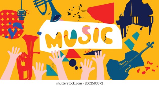 Music promotional banner with musical instruments colorful vector illustration. Violoncello, piano, mic, euphonium, trumpet poster for live concert events, jazz music festivals and shows, party flyer