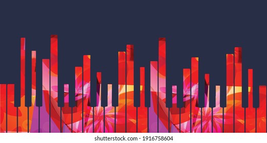 Music promotional poster with multicolored piano keyboard vector illustration. Colorful music background with piano keys for live concert events, music festivals and shows, party flyer