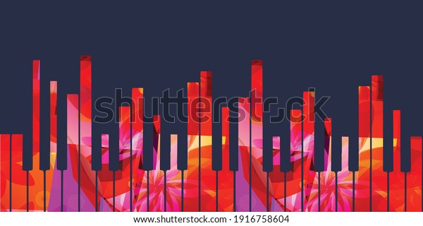Music promotional poster with multicolored piano\
keyboard vector illustration. Colorful music background with piano\
keys for live concert events, music festivals and shows, party\
flyer