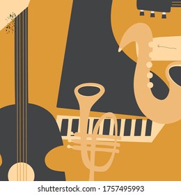 Music promotional poster with musical instruments vector illustration. Artistic background for live concert events and festivals, music show, party flyer with saxophone, trumpet, guitar and piano