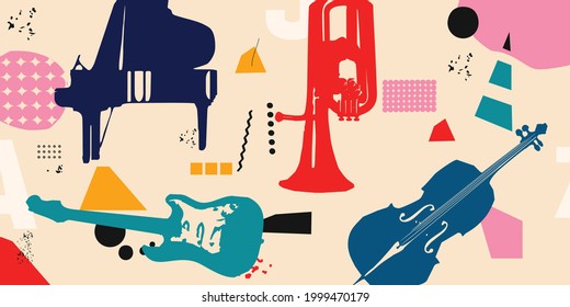 Music promotional poster with musical instruments colorful vector illustration. Guitar, violoncello, piano and euphonium design for live concert events, music festivals and shows, party flyer